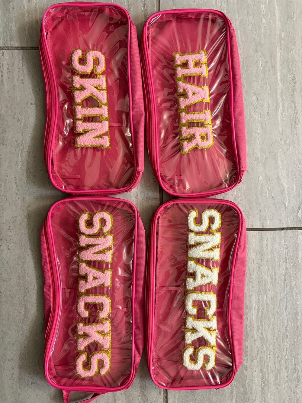 Pink Clear Cosmetic Pouches with 'HAIR / SKIN / SNACKS' Applique